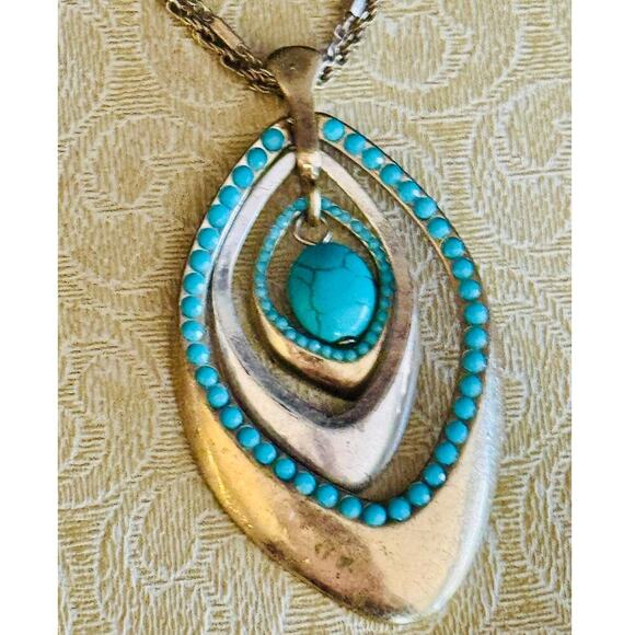 Boho Southwestern Silver Tone Teardrop Necklace w/ Turquoise Beads, Statement - Picture 2 of 4